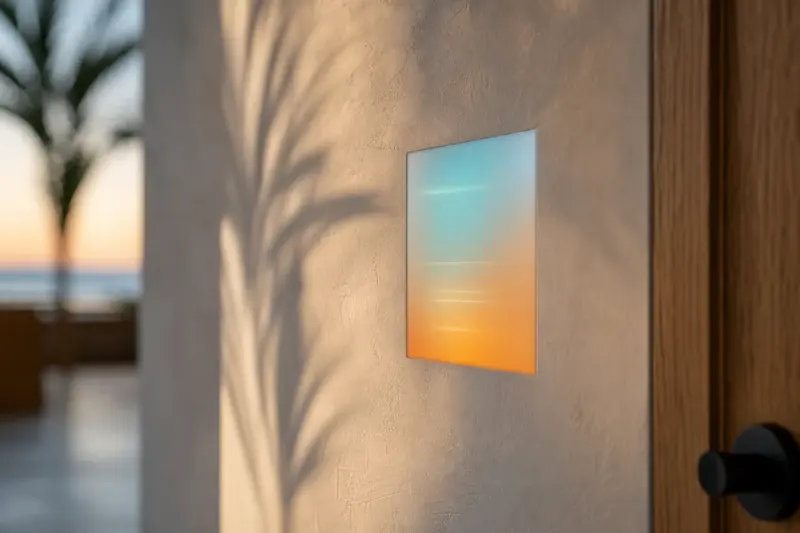 A flush-mounted smart-home control panel set into a limewashed plaster wall, its screen glowing softly, a palm shadow falling across the plaster.