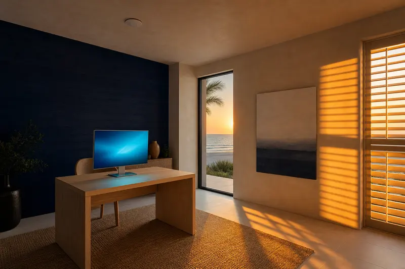 A quiet study with a flush ceiling-mounted wireless access point, a white-oak desk and bars of low sunlight across the floor.