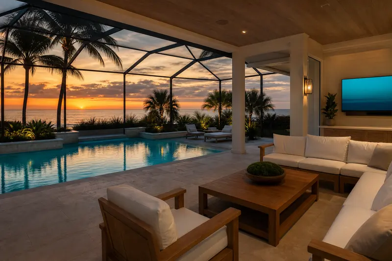 A screened lanai and pool deck at sunset, with landscape speakers set discreetly into tropical planting and an outdoor television under the covered roof.