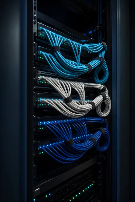 A rack of network equipment with Cat6 patch cables combed into parallel arcs, banded by colour and secured with velcro, status lights glowing along the panel.