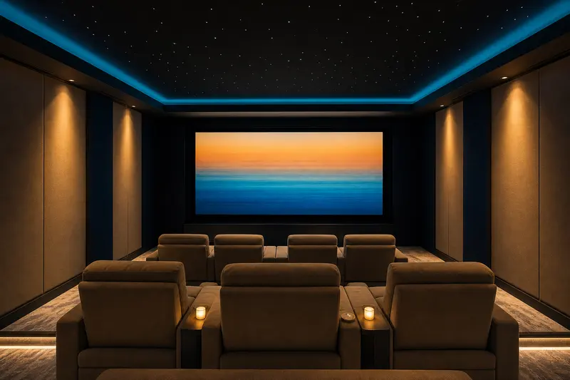 A private home cinema with two tiers of linen recliners facing a large screen, fabric acoustic panels and a fibre-optic star ceiling.